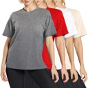 Charcoal & Red & White & Natural Large Women's 4-Pack Casual Crew Neck T-Shirt Tee (S-3XL)